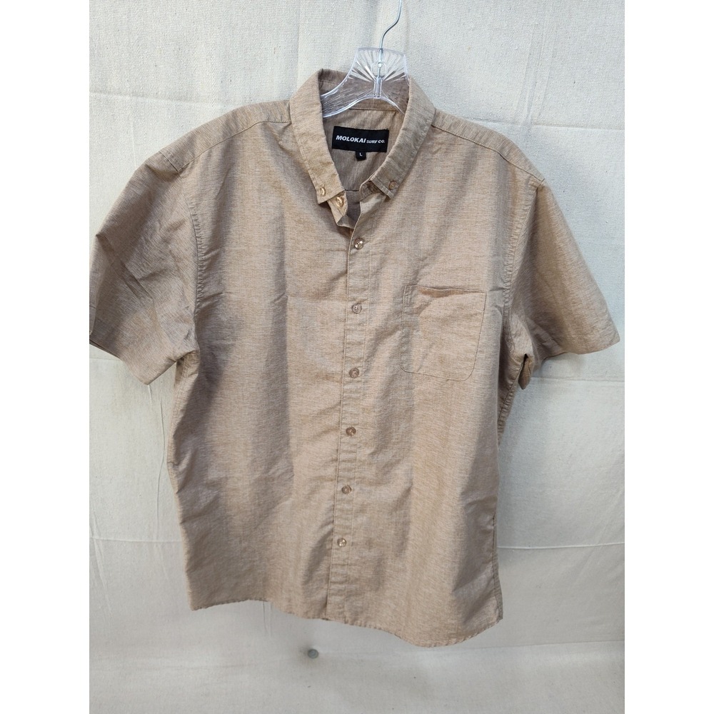 Molokai Surf Co Mens Large Short Sleeve Button Down Shirt Heather Tan‎ Casual L